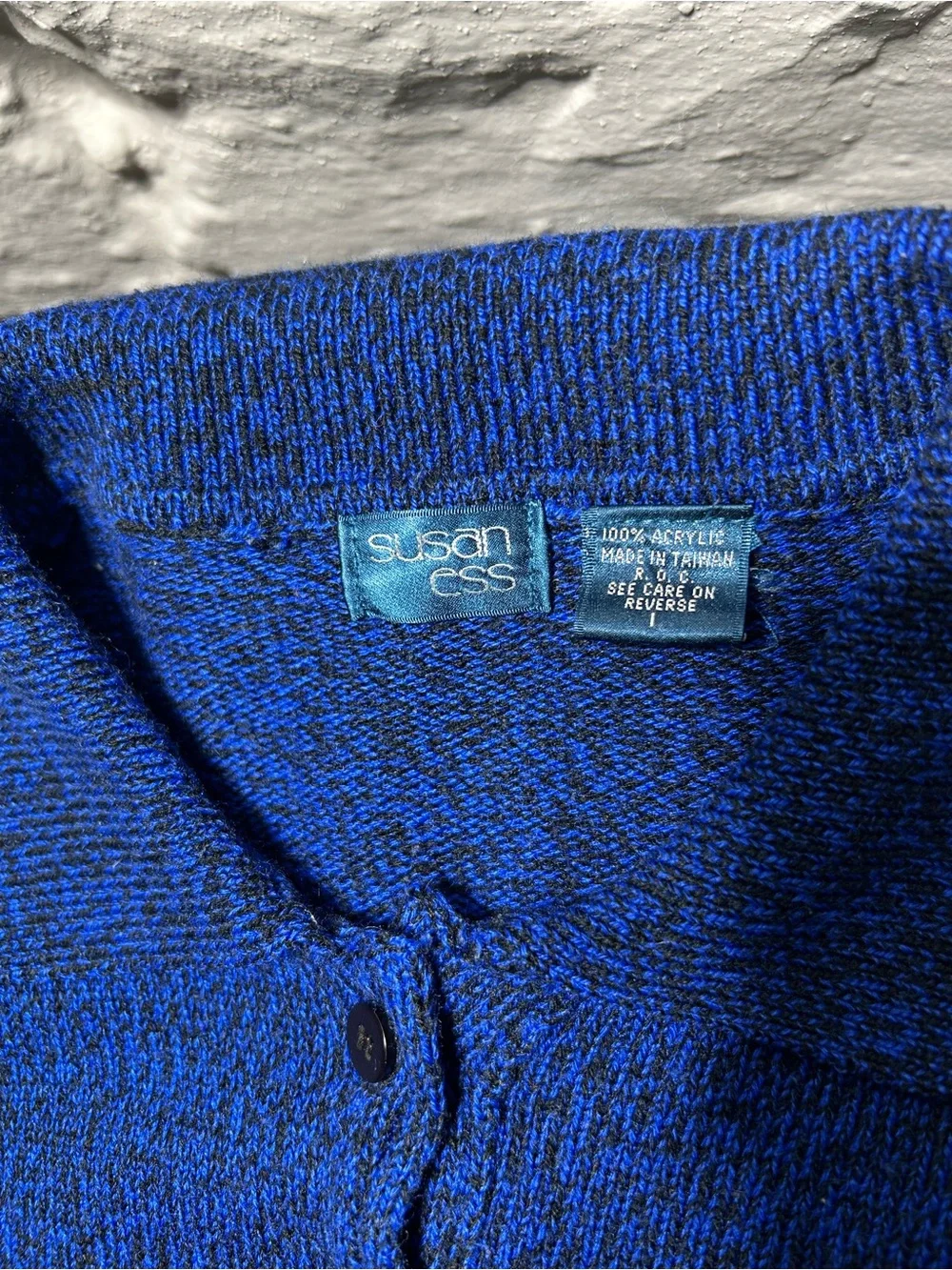 Vintage Susan Ess Knit Polo Sweater Mens Large Blue Black Marled Long Sleeve